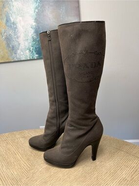 PRADA Logo Jacquard + S Calzature Donna Boots Sz EU 40.5 Dark Brown